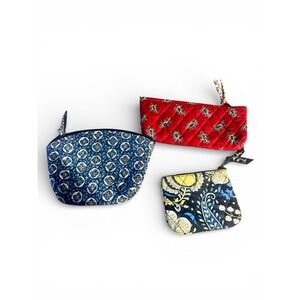 Vera Bradley Set of 3 Quilted Cosmetic Makeup Travel Bags Pouch Red Blue Yellow